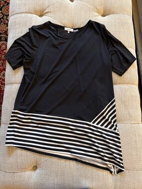 Calvin Klein Black Short Sleeve Tee with White Striped Asymmetric Hem